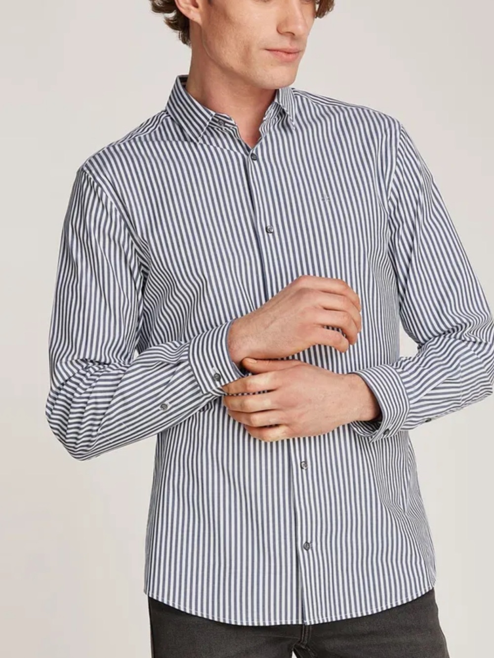Calvin Klein Blue and White Vertical Stripe Dress Shirt